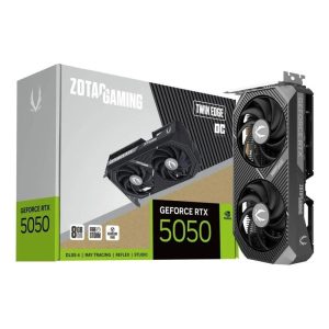 A picture of a box and the gpu of ZOTAC GAMING GeForce RTX 5070 Twin Edge OC