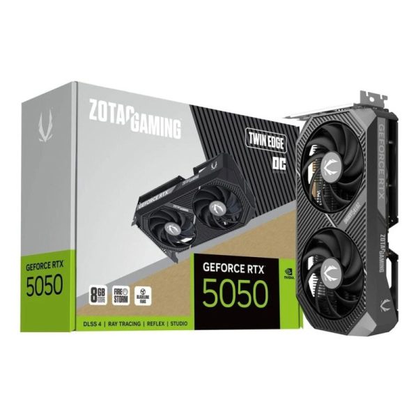 A picture of a box and the gpu of ZOTAC GAMING GeForce RTX 5070 Twin Edge OC
