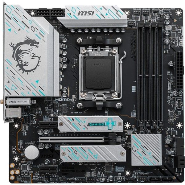 MSI B560M Gaming Plus WiFi motherboard featuring LGA 1200 CPU socket, four DDR4 RAM slots, PCIe slots, M.2 SSD slots with heatsinks, and silver heatsinks with turquoise accents and MSI dragon logo