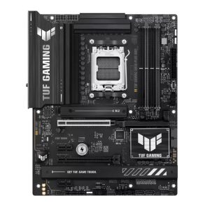 ASUS TUF Gaming B550M-PLUS WiFi micro-ATX motherboard with Ryzen CPU socket, four DIMM slots, PCIe expansion slots, M.2 storage slot, black and gray heatsinks, and TUF Gaming branding with metallic accents