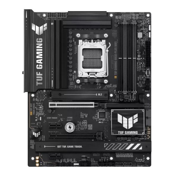 ASUS TUF Gaming B550M-PLUS WiFi micro-ATX motherboard with Ryzen CPU socket, four DIMM slots, PCIe expansion slots, M.2 storage slot, black and gray heatsinks, and TUF Gaming branding with metallic accents