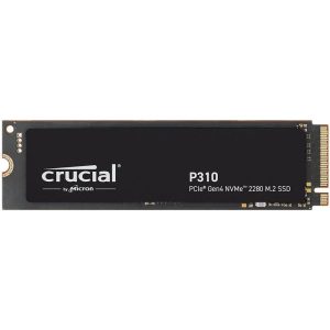 Crucial P310 PCIe Gen4 NVMe M.2 2280 SSD with black label, white text branding 'crucial by Micron' and model details