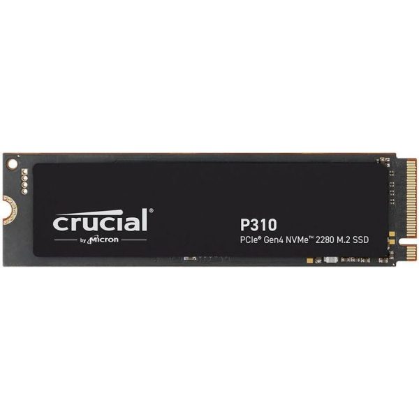Crucial P310 PCIe Gen4 NVMe M.2 2280 SSD with black label, white text branding 'crucial by Micron' and model details