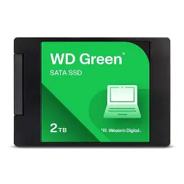 Western Digital WD Green SATA SSD with 2TB capacity, green front label featuring laptop icon and WD logo